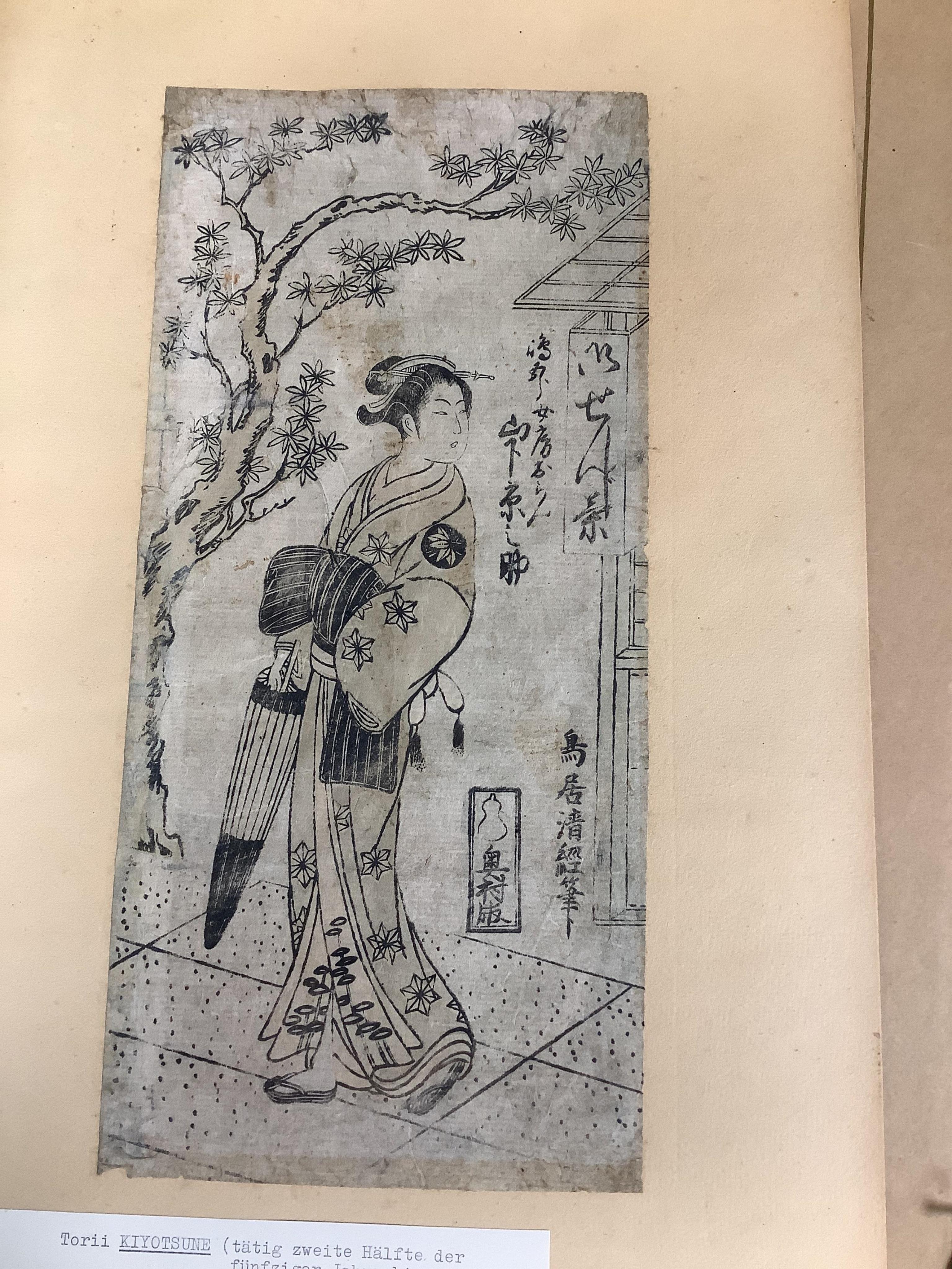 Four Japanese woodblock prints to include works by Torii Kiyotsune, Kitagawa Utamaro and Ichiarkutei Eisui, Women wearing kimonos and kabuki actors largest 37 x 24cm, mounted, unframed. Condition - fair